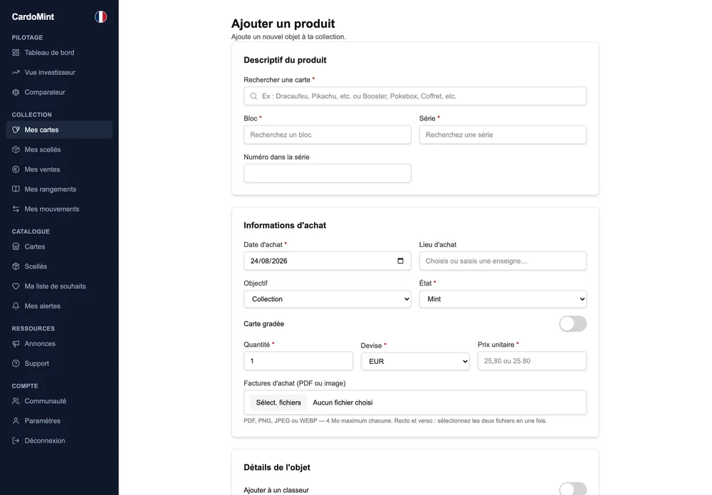 Le formulaire d'ajout d'une carte dans CardoMint sur un ordinateur : la recherche du catalogue, la carte trouvée avec sa photo, et les champs d'achat en dessous.