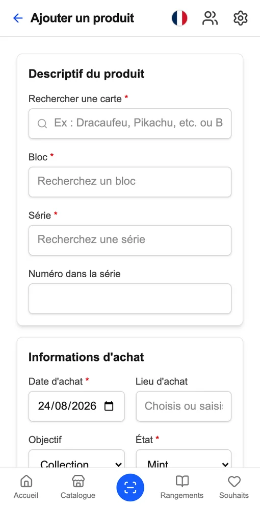 Le même formulaire sur un téléphone : la recherche en haut, puis les champs d'achat empilés.