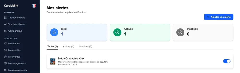 L'écran « Mes alertes » sur un ordinateur : les tuiles de décompte, les onglets de filtre, et une alerte surveillant une carte au-dessus de 900 euros avec son prix actuel.