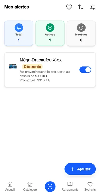 Le même écran sur un téléphone : les trois onglets de filtre, et chaque alerte en carte avec son seuil et son interrupteur.