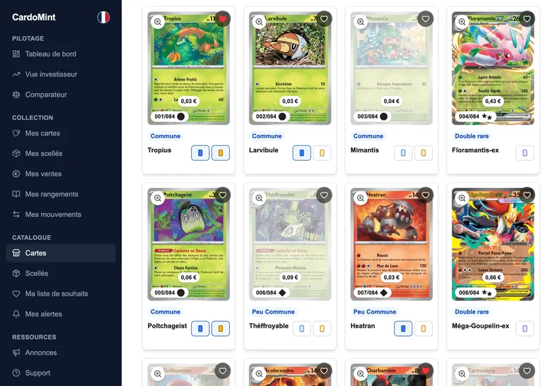 Le catalogue de cartes de CardoMint : la grille d'une série, avec le numéro imprimé et le symbole de rareté sur chaque illustration.