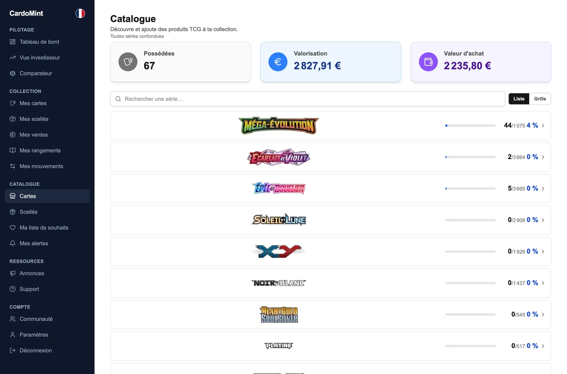 Le catalogue de produits scellés de CardoMint : chaque boîte avec son type, sa série et son prix conseillé.