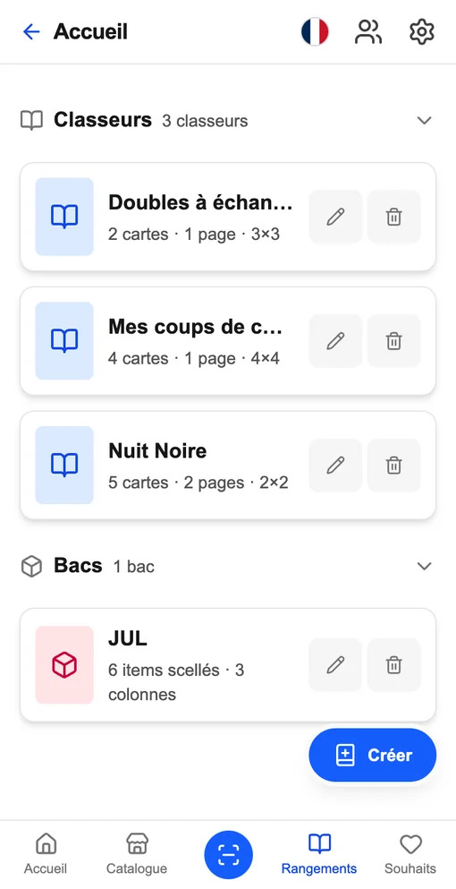 L'écran « Mes rangements » de CardoMint sur un téléphone : les classeurs et les bacs, avec le nombre de cartes rangées dans chacun.