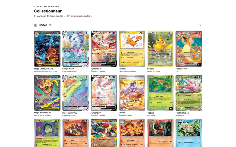La page qu'un code de partage ouvre, sur un ordinateur : le pseudo du collectionneur, ses 51 cartes et 18 items scellés, et la grille de ses cartes avec leur série.