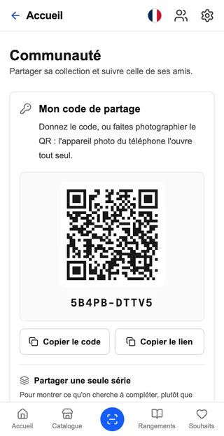 L'écran « Communauté » de CardoMint sur un téléphone : le code de partage, son QR, et les boutons pour copier le code ou le lien.