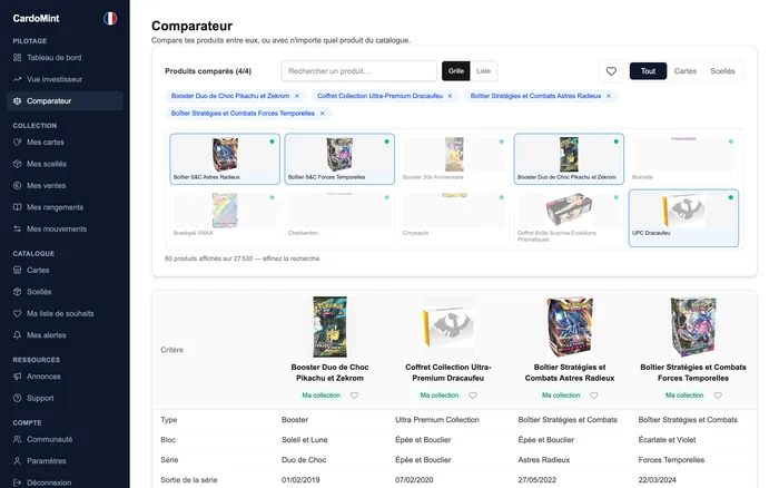 Le comparateur de CardoMint sur un ordinateur : quatre produits comparés colonne par colonne, avec leurs photos, leur type, leur bloc, leur série et leur date de sortie.