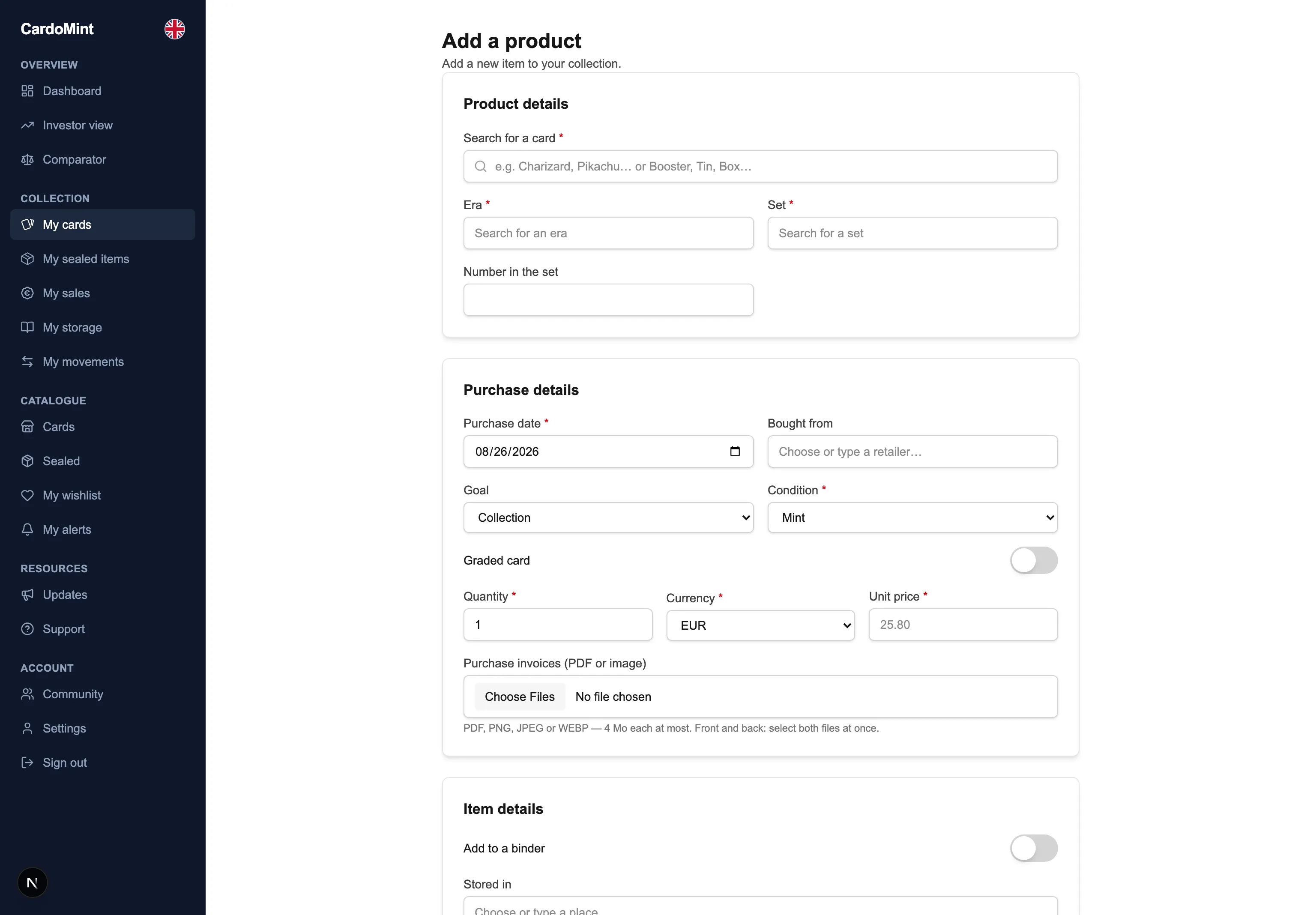 CardoMint's add-a-card form on a laptop: the catalogue search, the card found with its photo, and the purchase fields below.