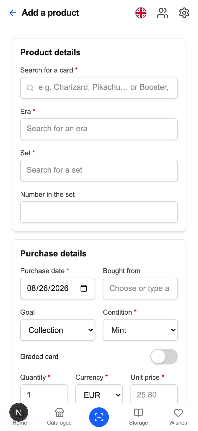 The same form on a phone: the search at the top, then the purchase fields stacked.
