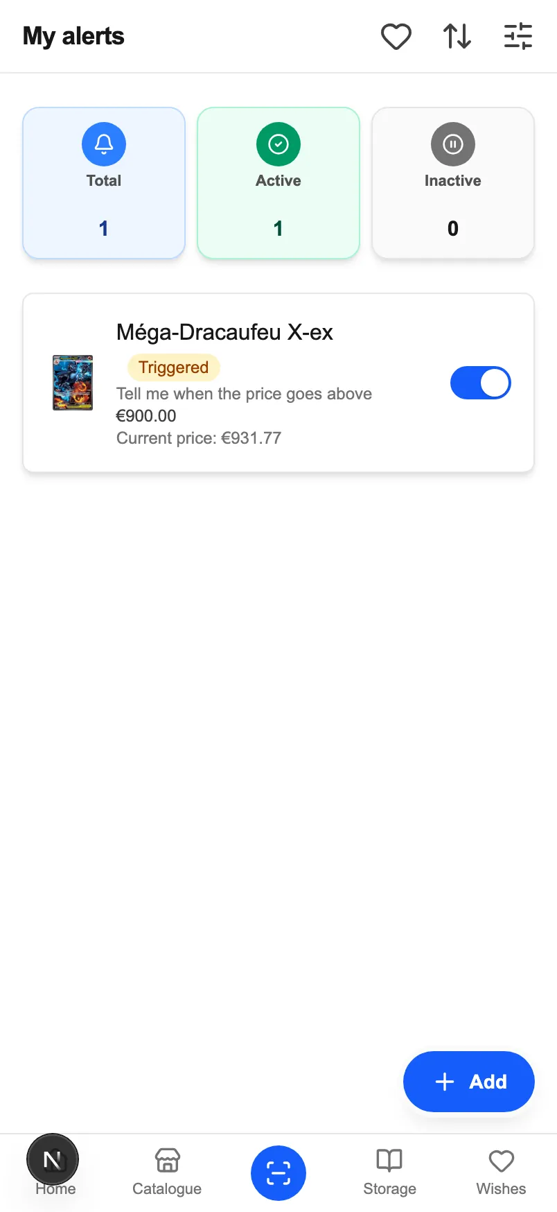 The same screen on a phone: the three filter tabs, and each alert as a card with its threshold and its switch.