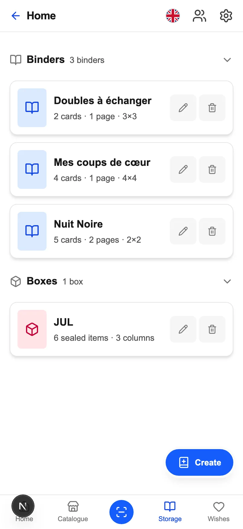 CardoMint's « My storage » screen on a phone: binders and boxes, with the number of cards stored in each.