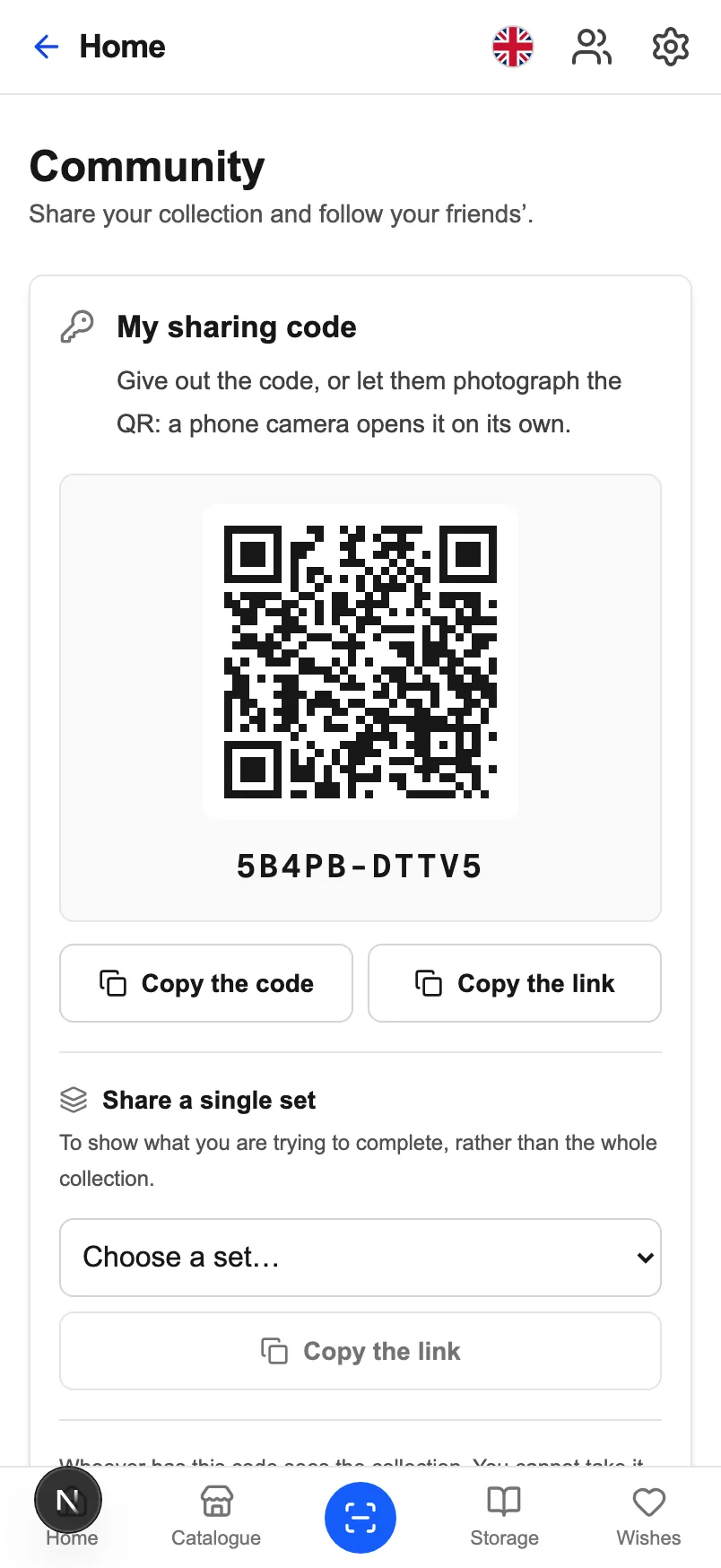 CardoMint's « Community » screen on a phone: the share code, its QR, and the buttons to copy the code or the link.