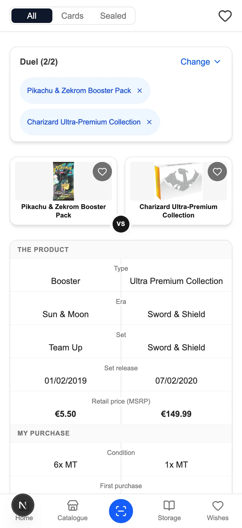 CardoMint's comparator on a phone: two products head to head, their photos facing each other and the criteria table below.