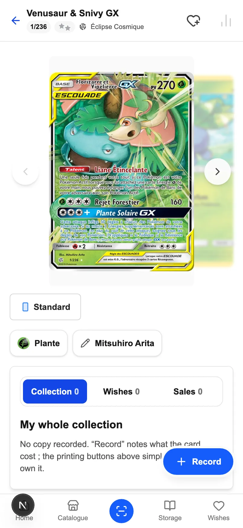 A card sheet in CardoMint on a phone: Mega Darkrai ex, number 120/084, set Black Bolt, Holo printing, Darkness type and its illustrator.