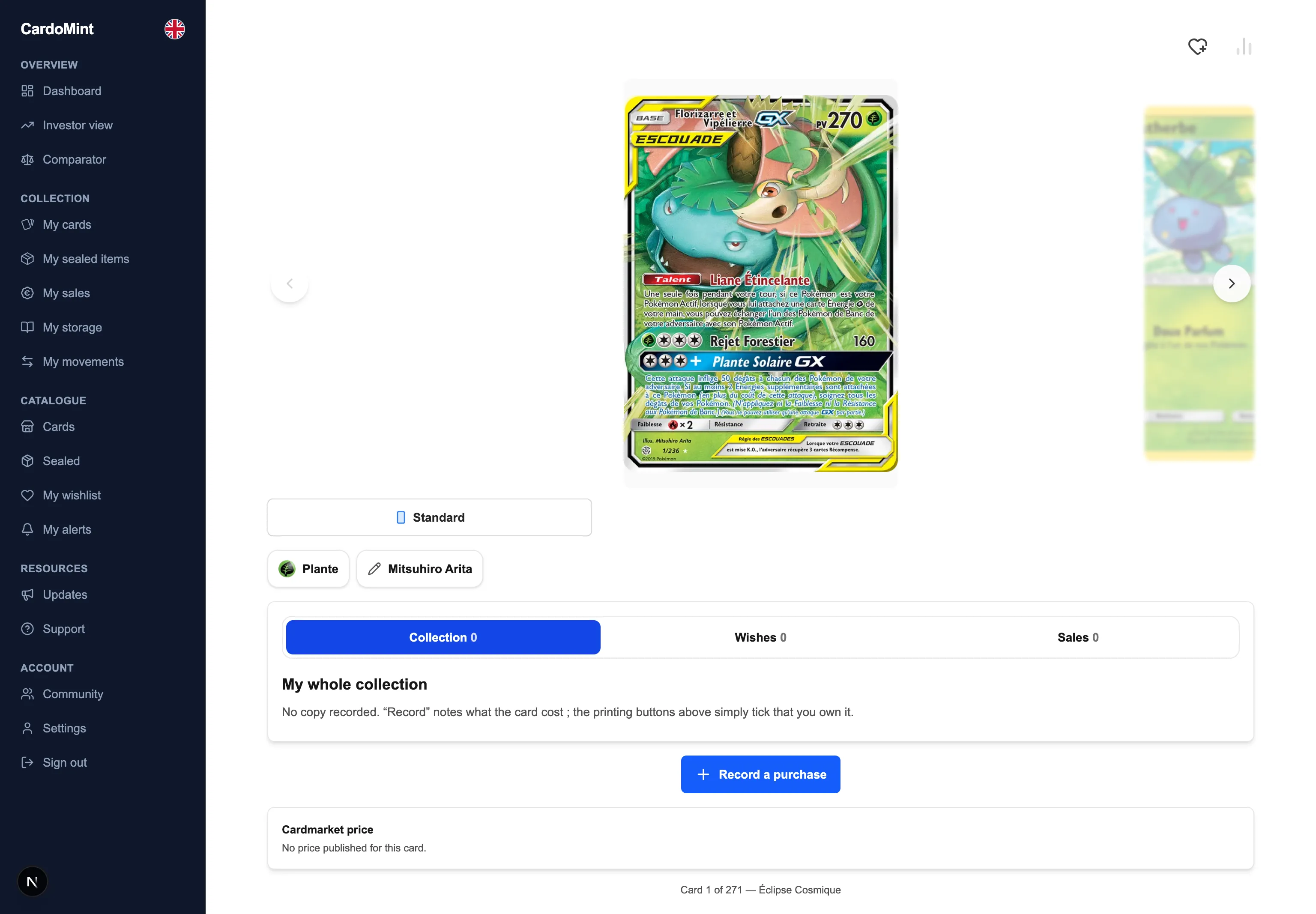 A card's sheet in CardoMint: the photo in full size, the set's neighbouring cards on either side, the printing buttons, the type and the illustrator, then the Collection, Wishes and Sales tabs and the table of Cardmarket prices.