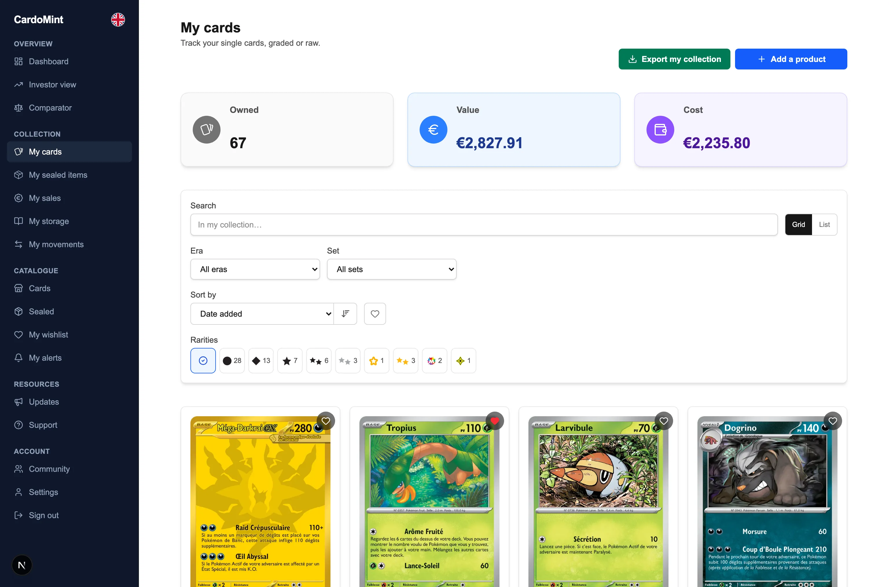 CardoMint's « My cards » screen on a laptop: the collection as a grid, each card carrying its total cost, its current value and its performance.