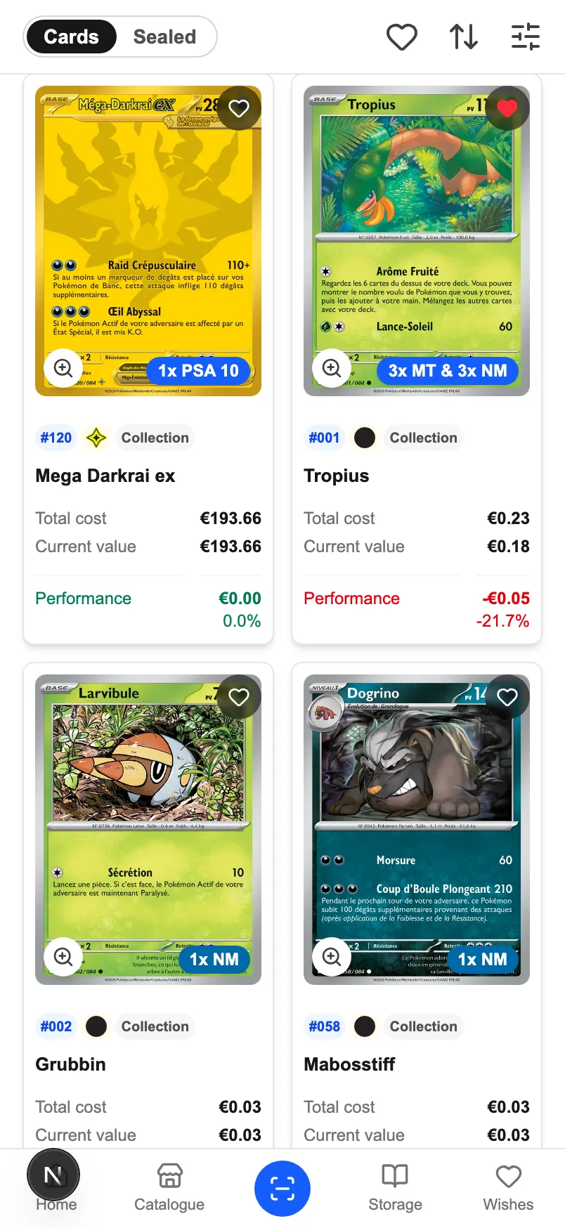 The same « My cards » screen on a phone: four owned cards with their artwork, their condition, their total cost, their current value and their performance — one of them at −21.7%.