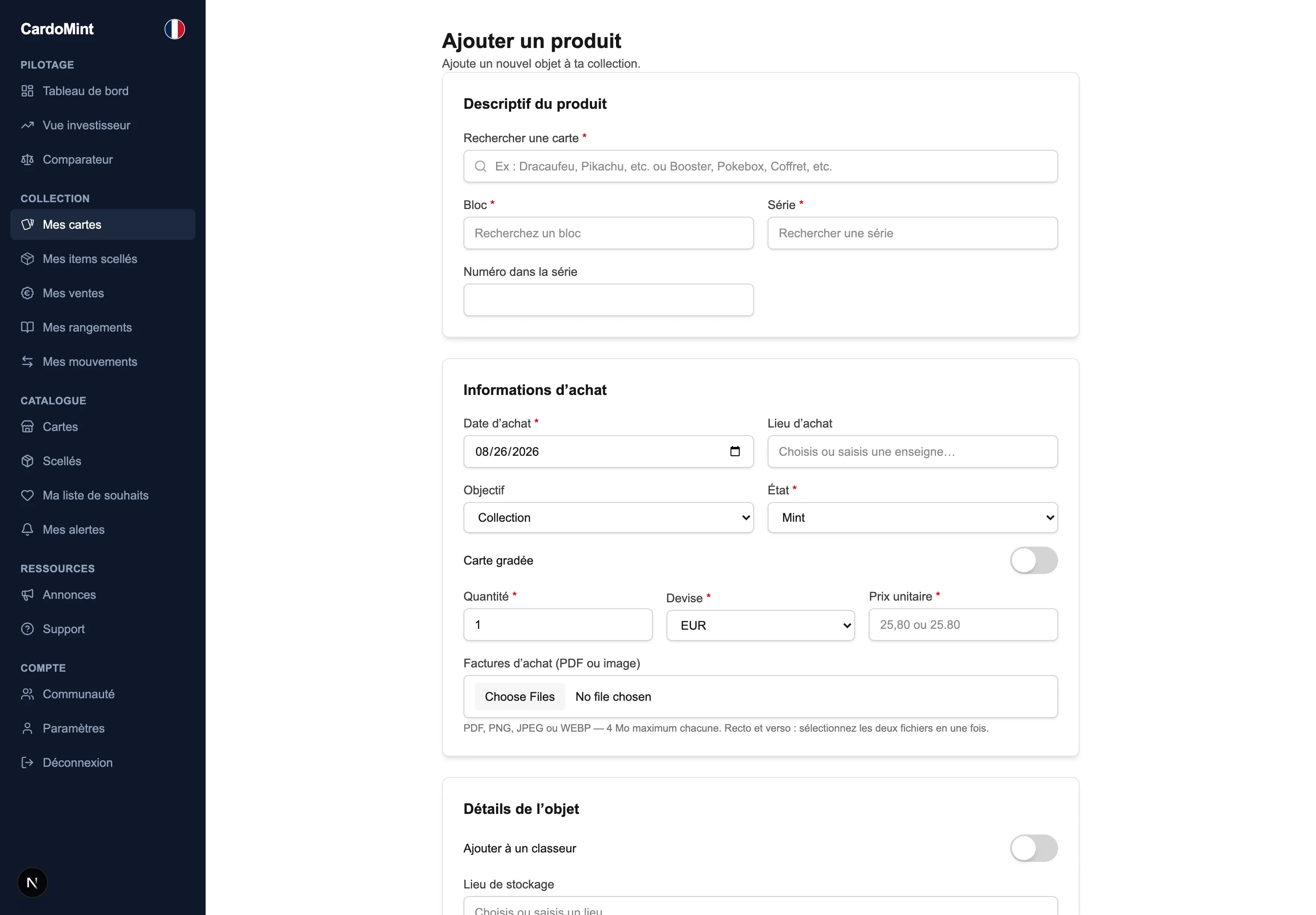 Le formulaire d'ajout d'une carte dans CardoMint sur un ordinateur : la recherche du catalogue, la carte trouvée avec sa photo, et les champs d'achat en dessous.