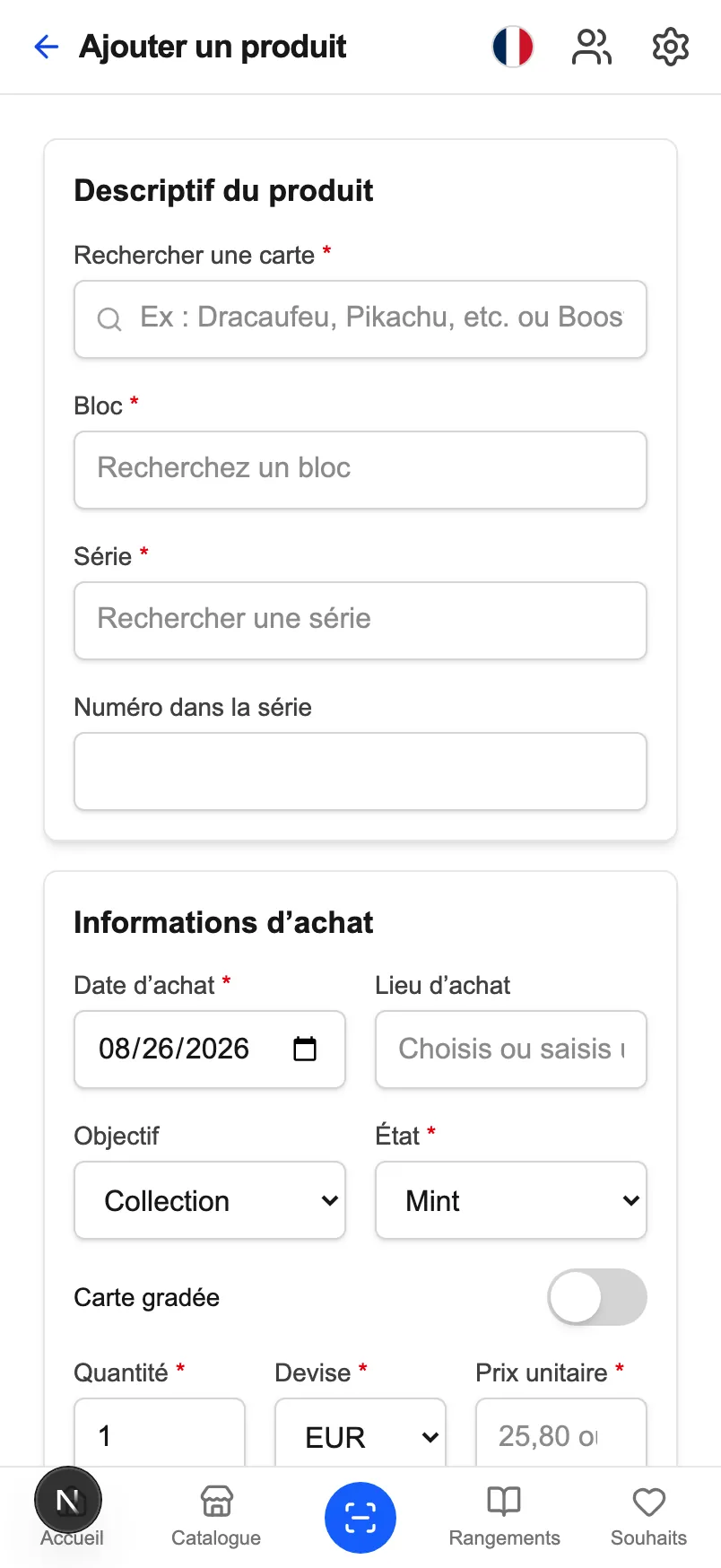 Le même formulaire sur un téléphone : la recherche en haut, puis les champs d'achat empilés.
