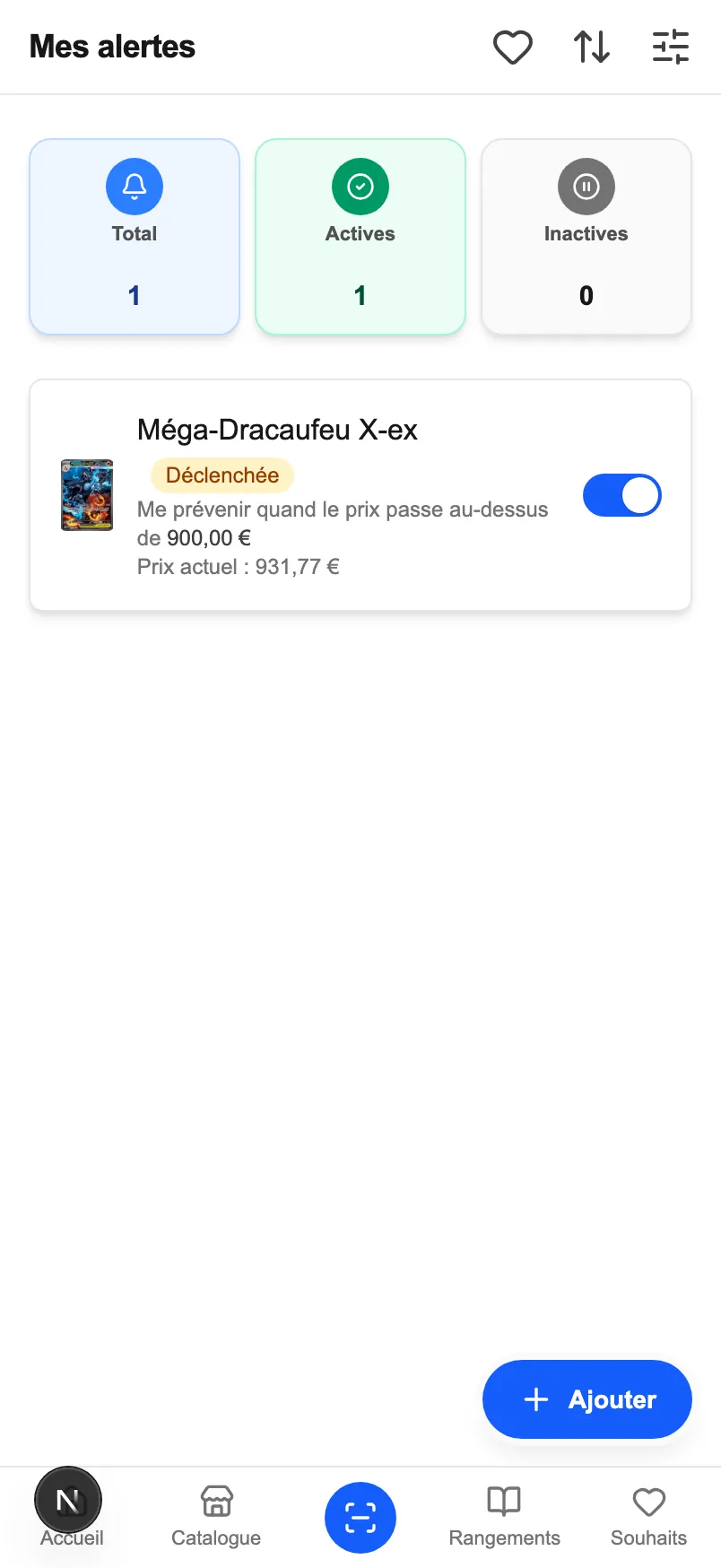 Le même écran sur un téléphone : les trois onglets de filtre, et chaque alerte en carte avec son seuil et son interrupteur.