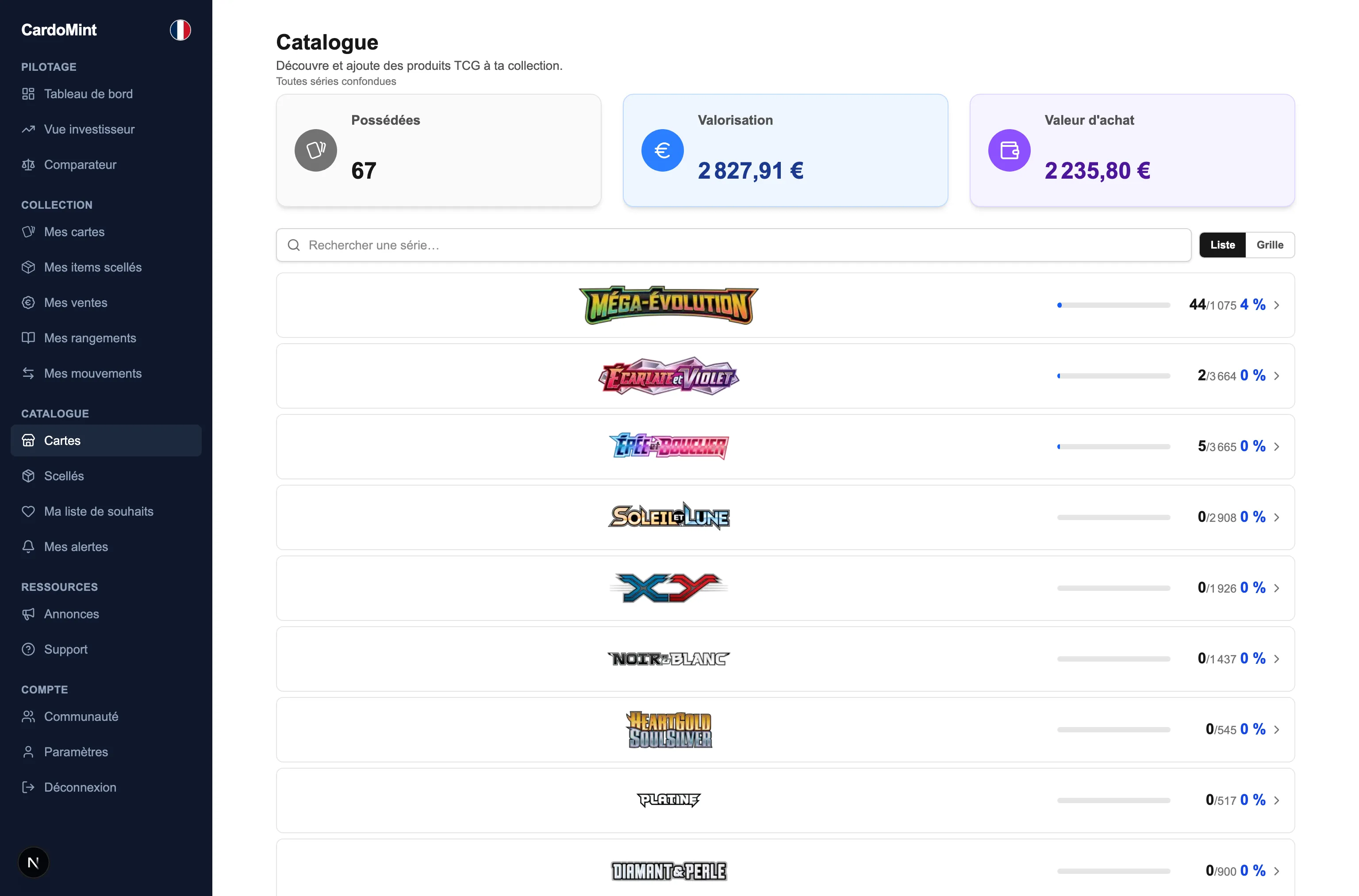 Le catalogue de produits scellés de CardoMint : chaque boîte avec son type, sa série et son prix conseillé.