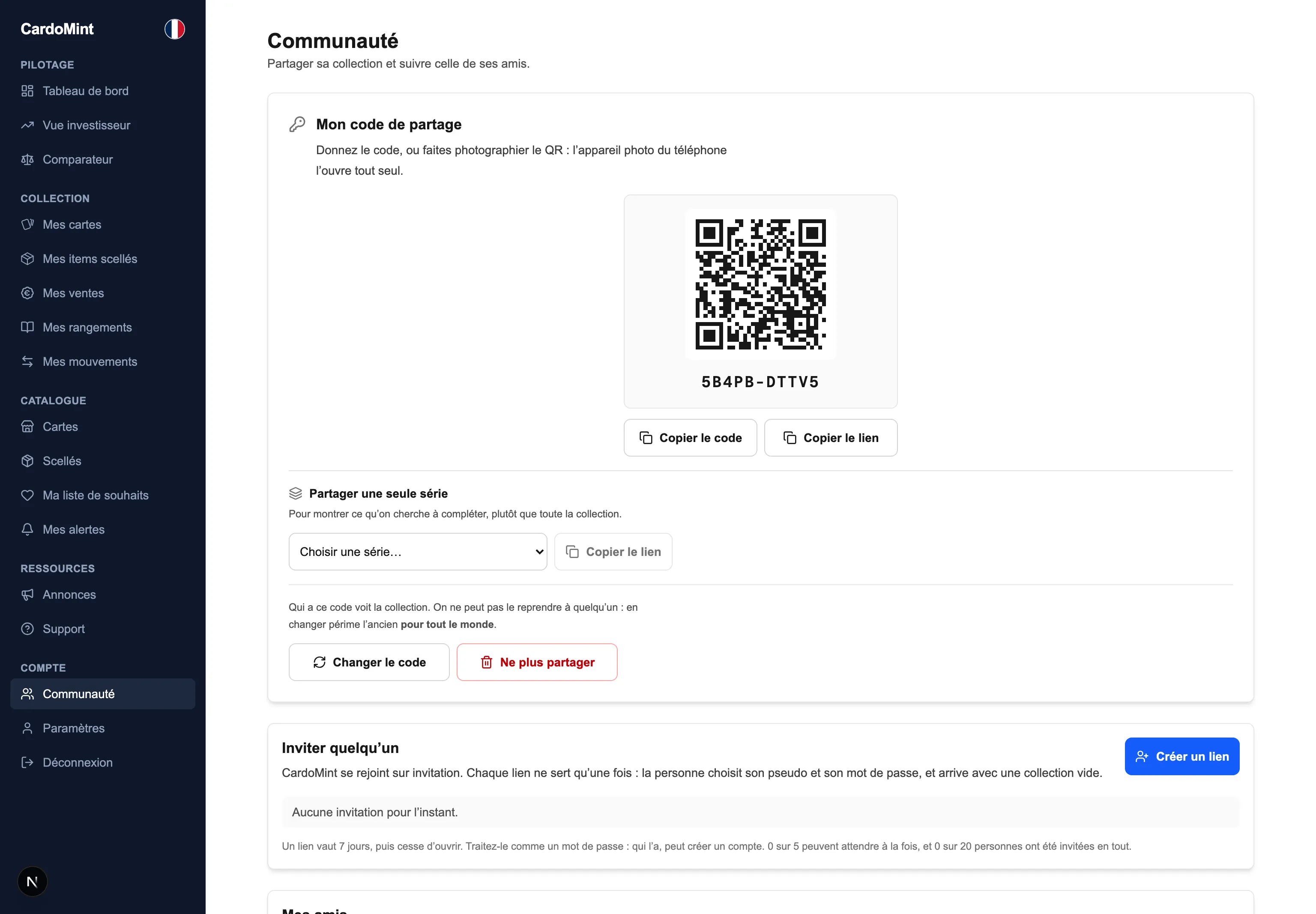 L'écran Communauté de CardoMint : le code de partage, son QR, les invitations en attente et la liste d'amis.