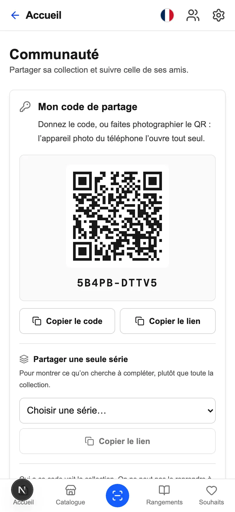 L'écran « Communauté » de CardoMint sur un téléphone : le code de partage, son QR, et les boutons pour copier le code ou le lien.