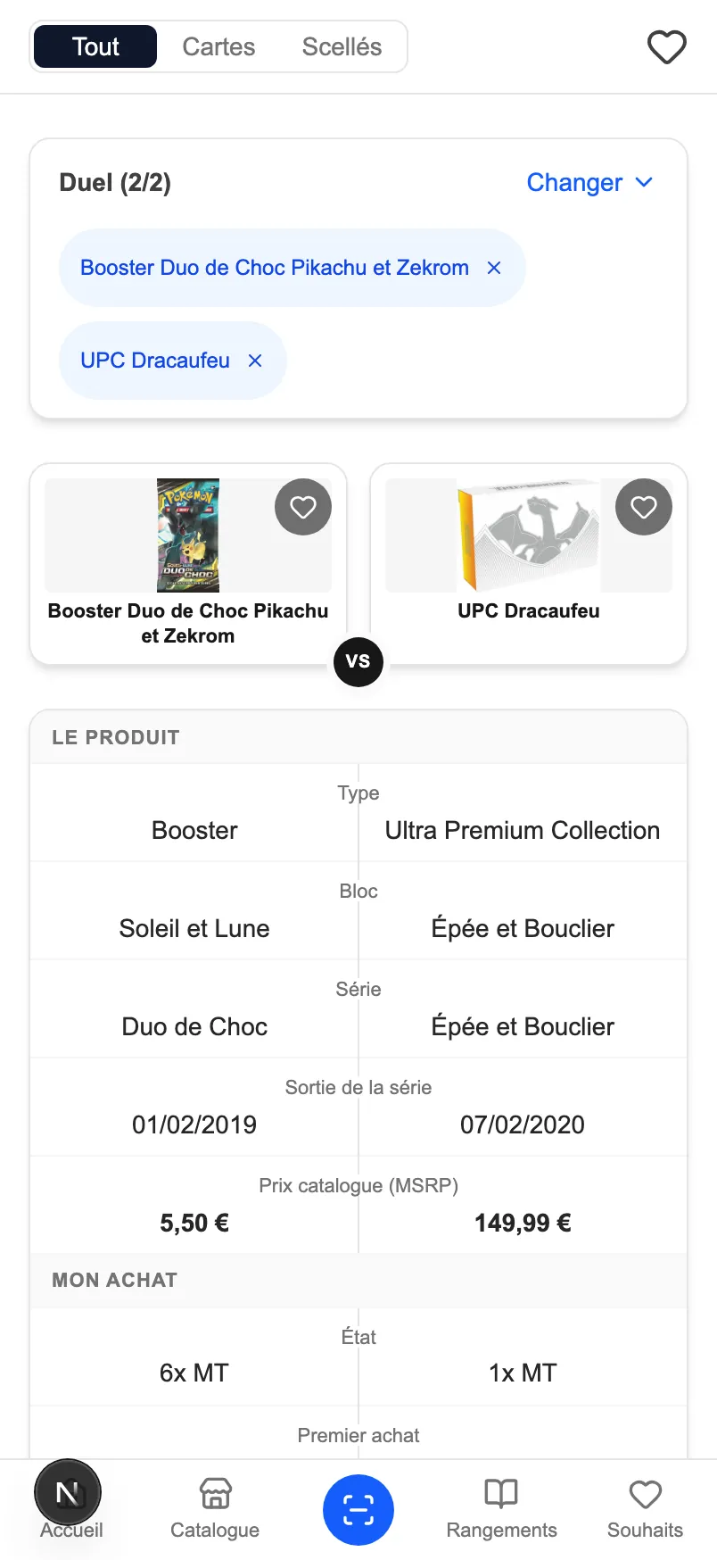 Le comparateur de CardoMint sur un téléphone : deux produits en duel, leurs photos face à face et le tableau des critères en dessous.