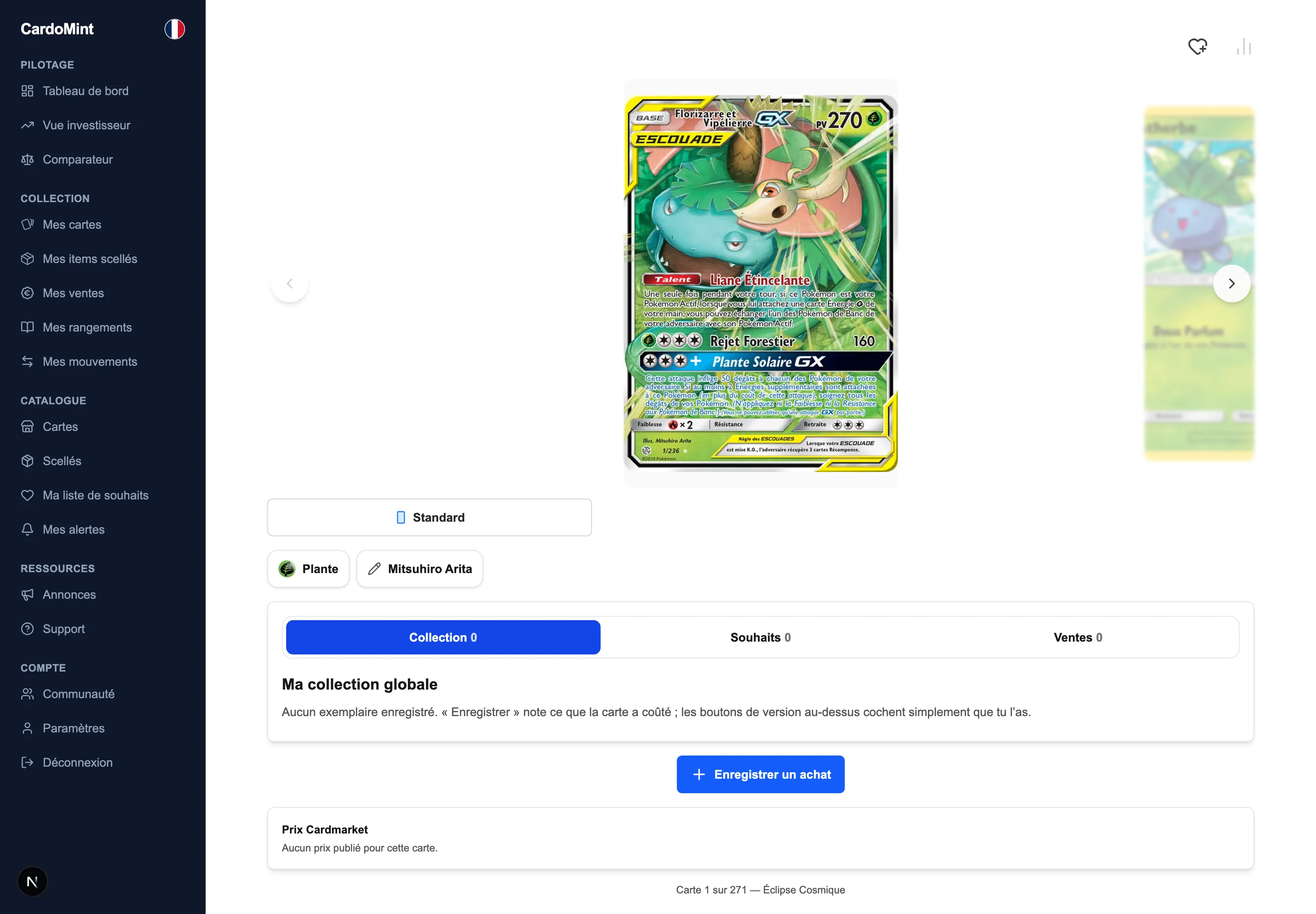La fiche d'une carte dans CardoMint : la photo en grand, les cartes voisines de la série de part et d'autre, les boutons de version, le type et l'illustrateur, puis les onglets Collection, Souhaits et Ventes et le tableau des prix Cardmarket.