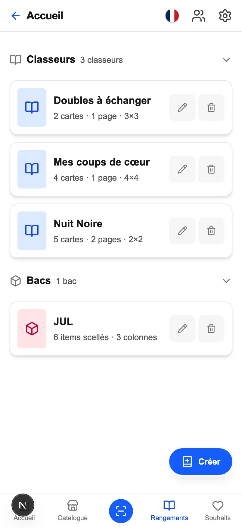 Le même écran sur un téléphone : les classeurs et les bacs empilés en cartes.