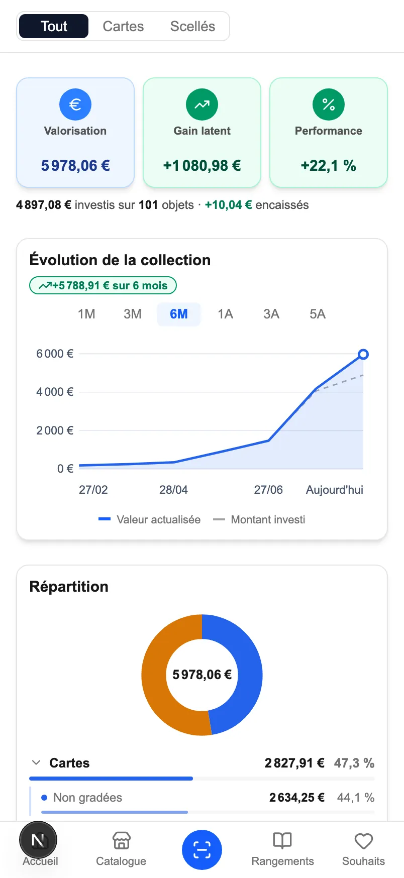Le même tableau de bord sur un téléphone : les trois tuiles de valorisation empilées sous le bascule Tout / Cartes / Scellés.
