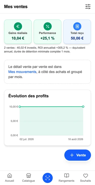Le même écran sur un téléphone : les tuiles de gains à trois colonnes, puis les ventes une par carte.