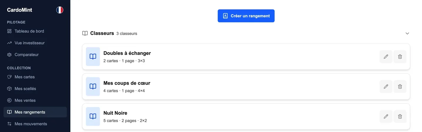 L'écran « Mes rangements » de CardoMint : trois classeurs — Doubles à échanger, Mes coups de cœur, Nuit Noire — avec leur nombre de cartes, de pages et leur grille, puis un bac d'items scellés.